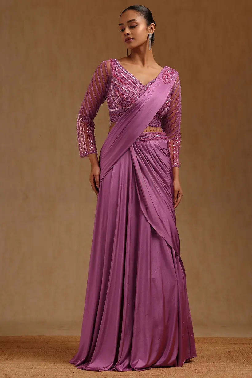 Onion Pink Spandex Solid Ready To Wear Saree